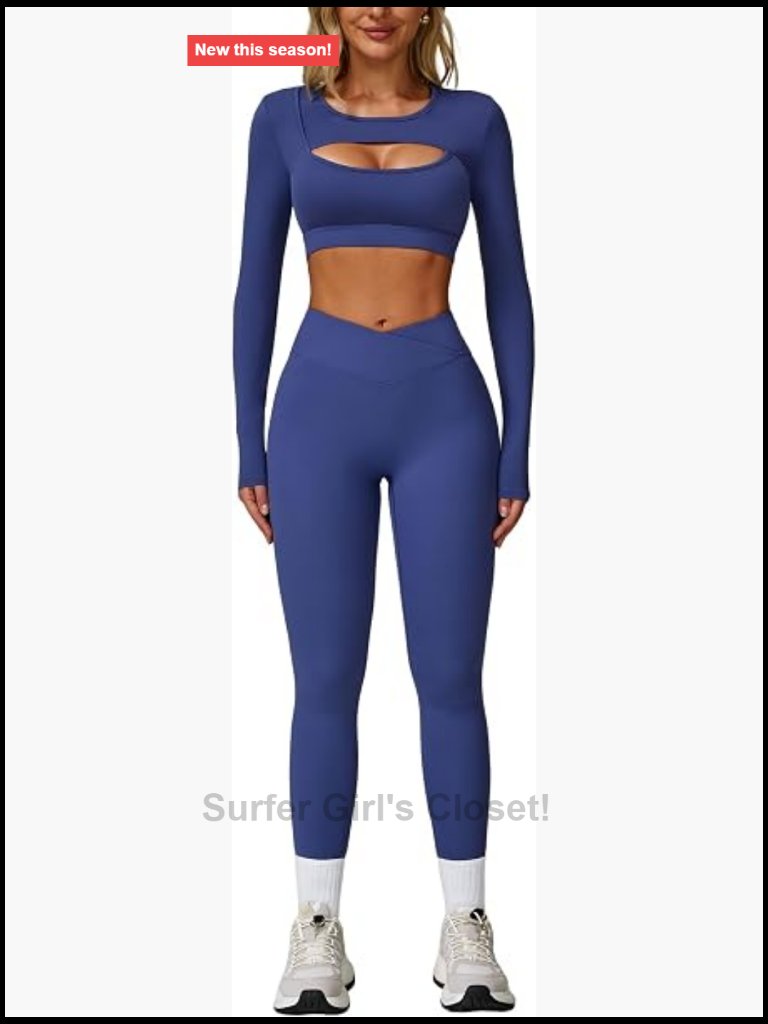 Seamless High Waist Flare Leggings Long Sleeve Cutout Crop Top Athletic Set